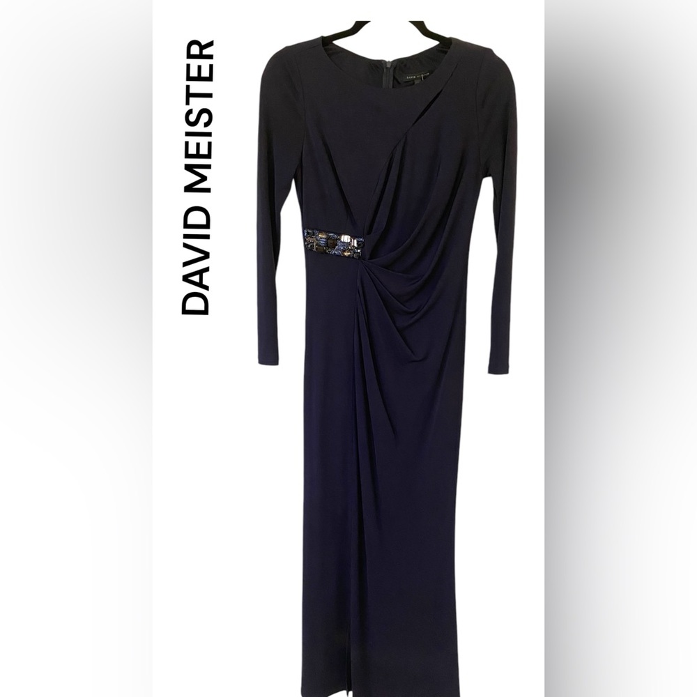 DAVID MEISTER DARK NAVY JEWELED LONG-SLEEVE FULL-LENGTH RUCHED GOWN SIZE 4